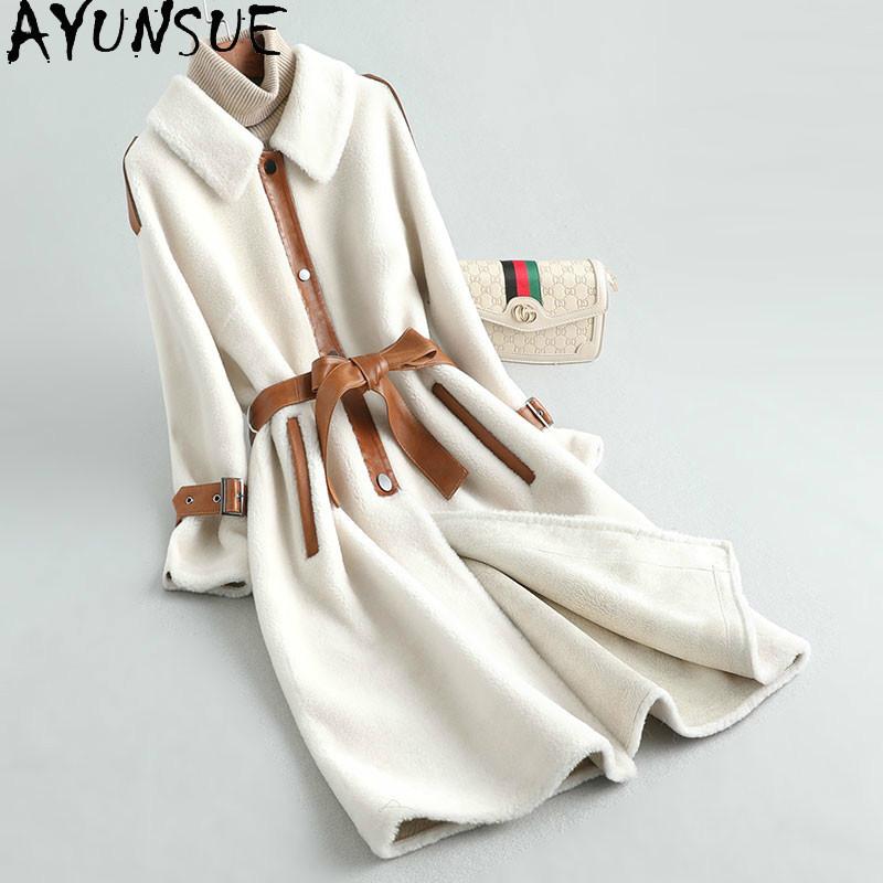 

AYUNSUE High Quality 100% Wool Women' Fur Coat Fashion Female Jacket Sheepskin Leather Belt Women' Winter Jacket Ropa LW3958, Creamy-white