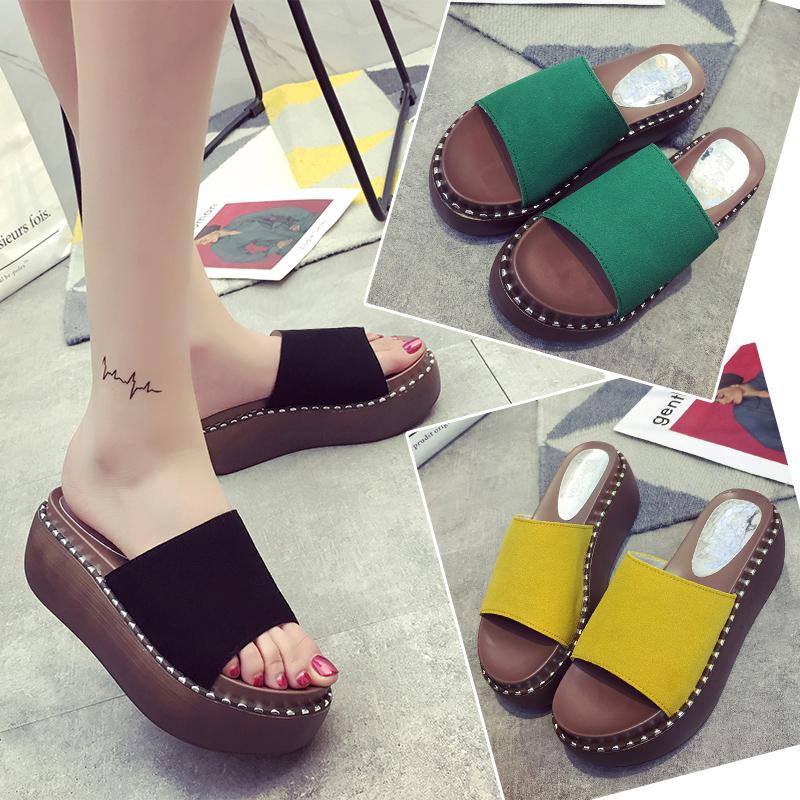 

Slippers Women Summer Platform Flat Shoes Female Heeled Mules Flock Pantofle Luxury Slides High 2021 Designer Soft Fabric Scanda