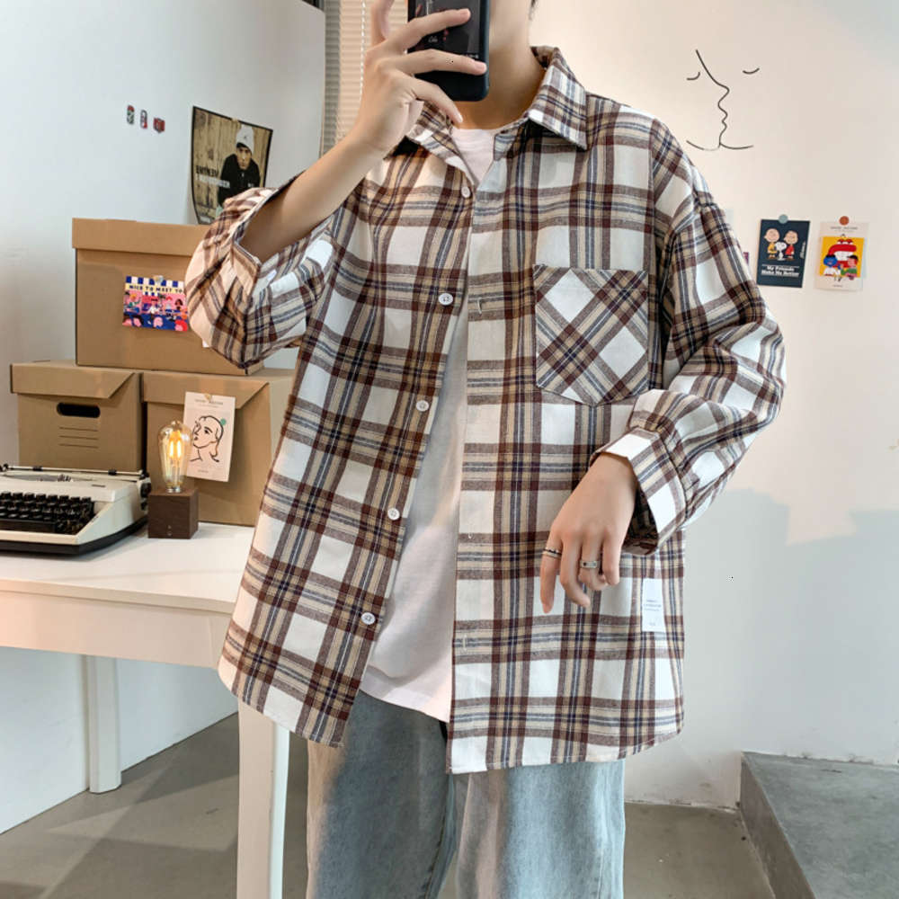 

New Plaid long sleeve shirt for male students, White;black