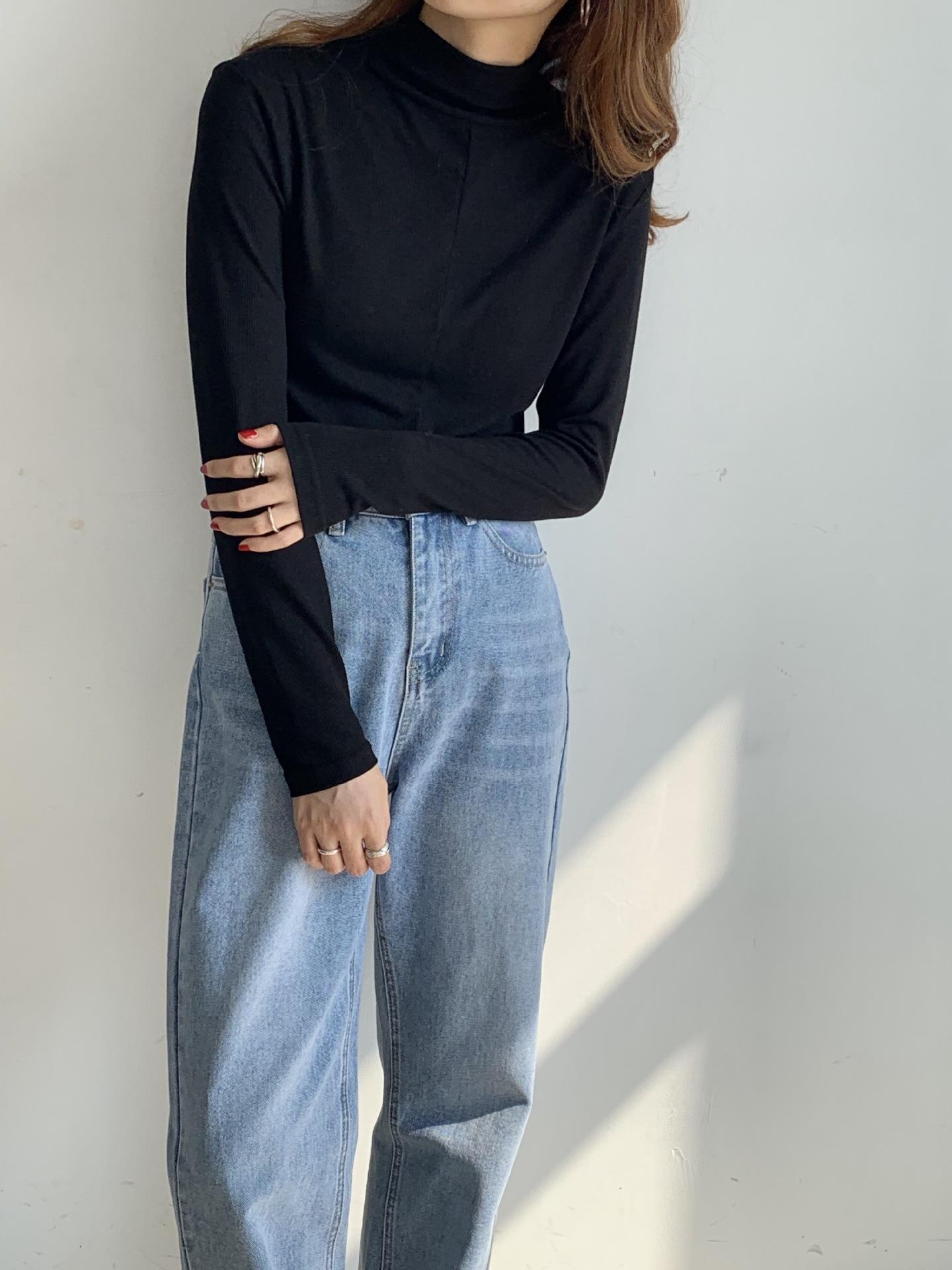 

Simple basic round neck long sleeve T-shirt for women Korean version design feeling irregular fold wear loose bottom shirt 3187, 3187-white
