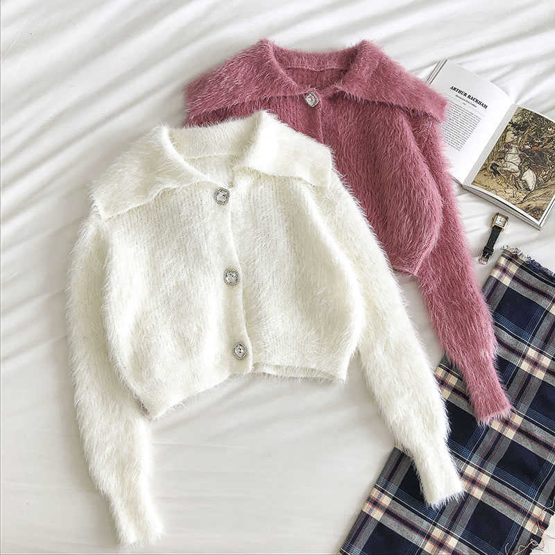 

Women Crop Sweater Auutmn Winter Long Sleeve Turn Down Collar Button Up Knit Sweaters Woman Soft Mohair Short Cardigan 210602, Pink