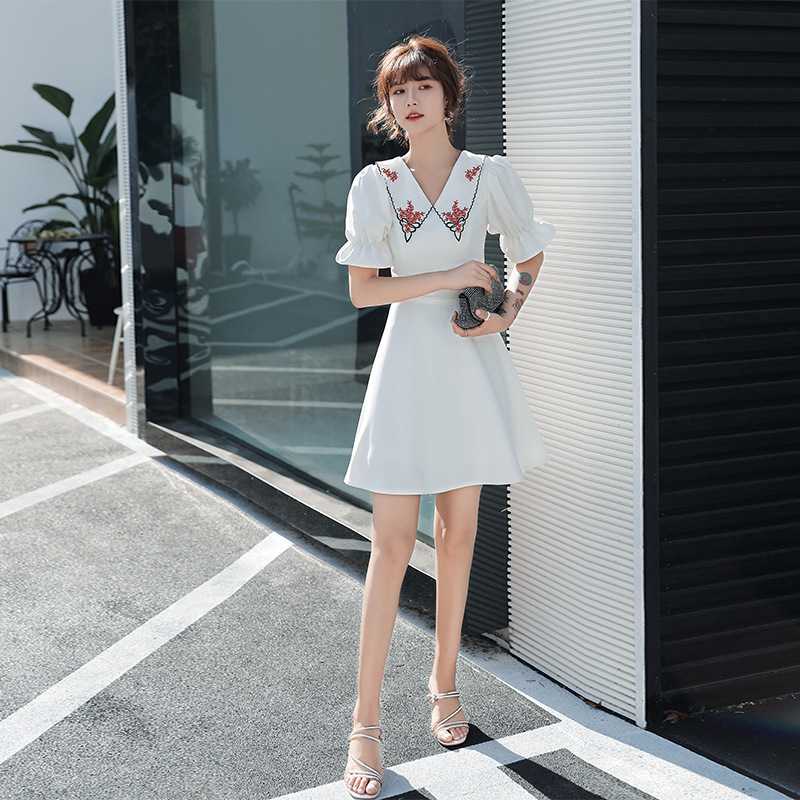 

Lady Elegant Collar A-line Dresses Exquisite Puff Sleeve Evening Party Dress White Short Banquet Gown 2h4f