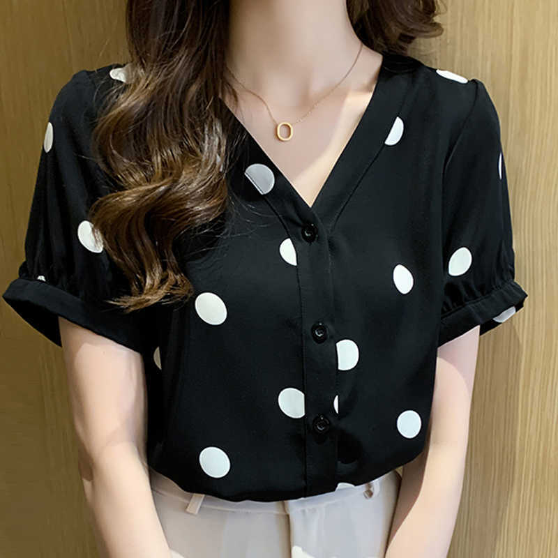 

Blouse Women V-neck Dot Chiffon Shirt Summer Tops Short Sleeve Shirts  Blusas Mujer D329 210602, Black