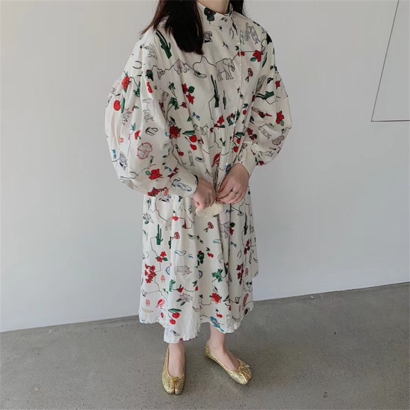 

Spring Lantern Sleeve Stand Animal Print A Line Mid-Calf Dresses for Women 210615, Picture color