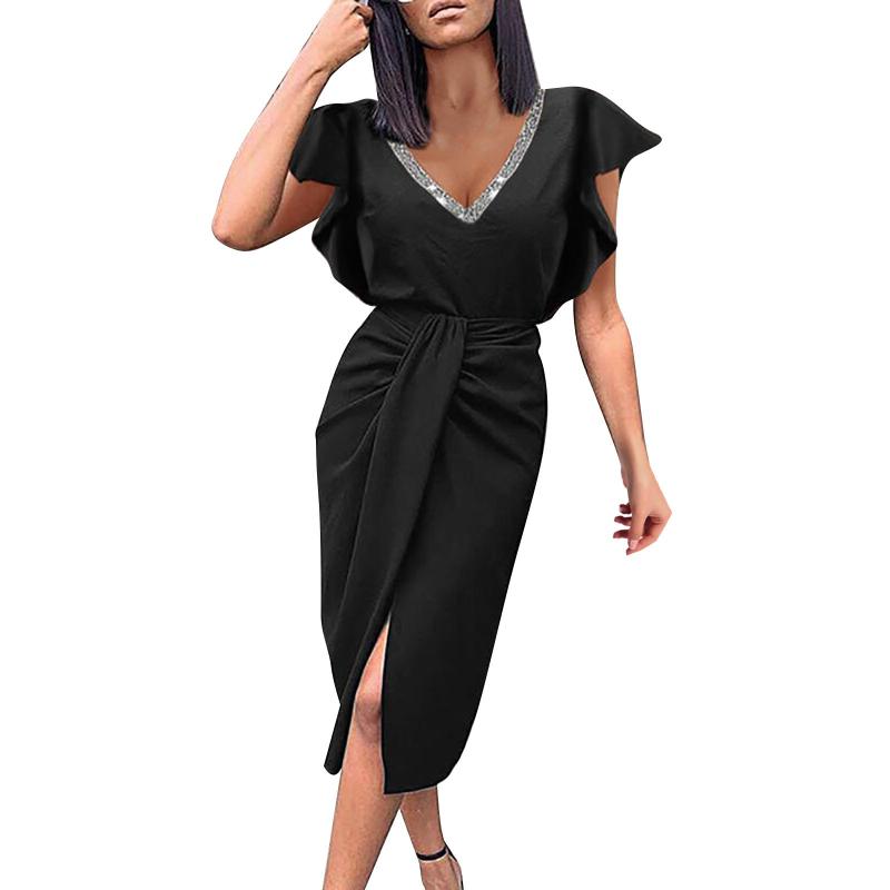 

Casual Dresses Short-sleeved Evening Lace Sequined V-neck Women's Mid-length Dress Irregular, Black;gray