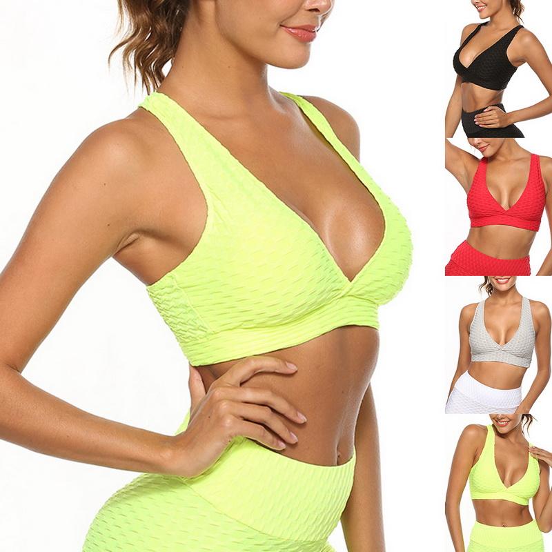 

Gym Clothing Vertvie Women Yoga Sports Bras Summer Fitness Top Cross Back Push Up Workout Bra Solid Activewear Female Bubble Running, Red