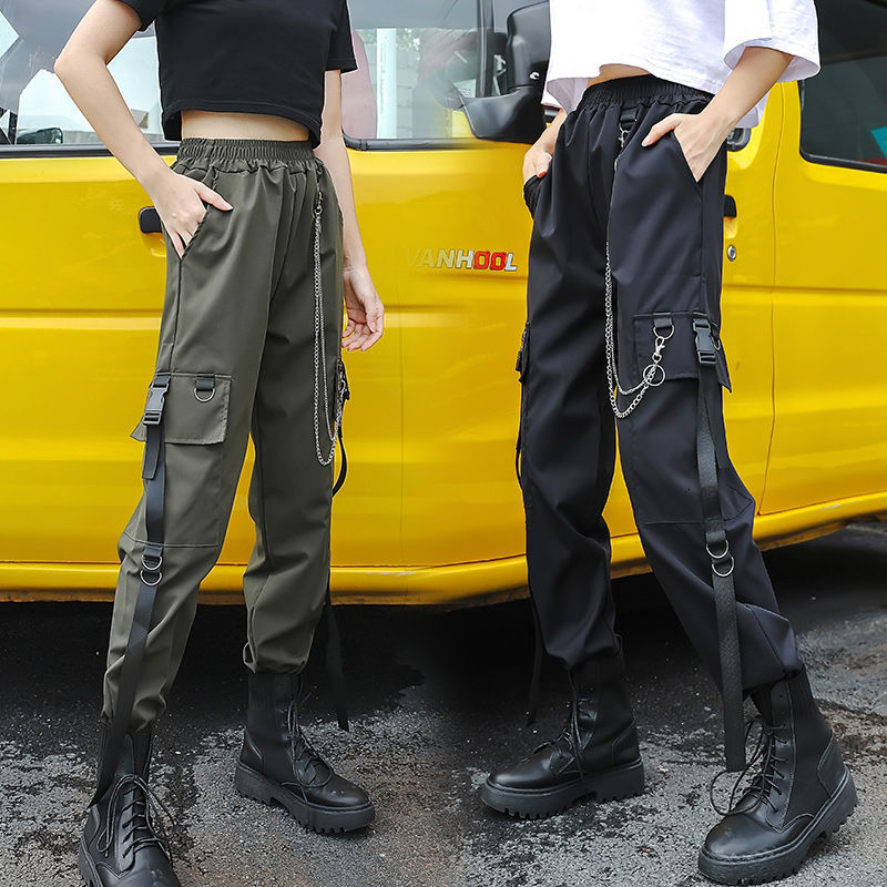

2021 New Cargon Women's Loose Ankle with Black Straps Green Army Pocket Summer Ribbon Hiphop Sports Pants High Waist Dins, Army green