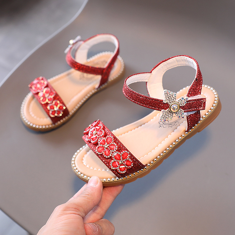 

Size 21-30 Kids Crystal Flower Shiny Princess Sandals For Girls Soft Sole Beach Shoes For Children Baby Non-slip Light Sandals, Black