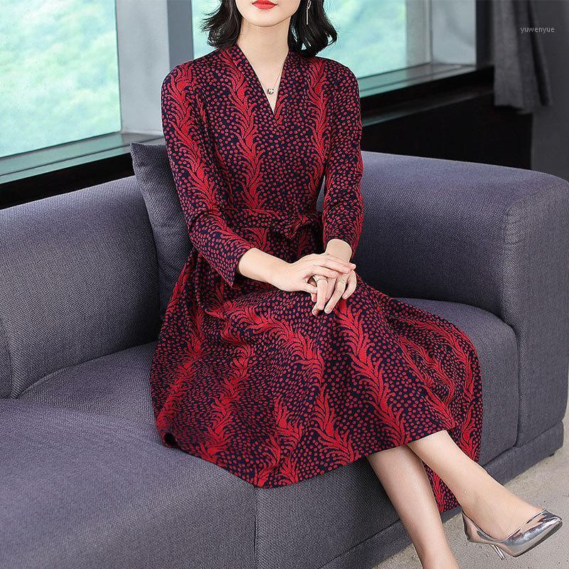 

Casual Dresses Plus Size -3XL Autumn Long Sleeve Female Clothes Elegant Ladies Printed V-Neck Dress Bow Sashes Vestidos RE2173, Red