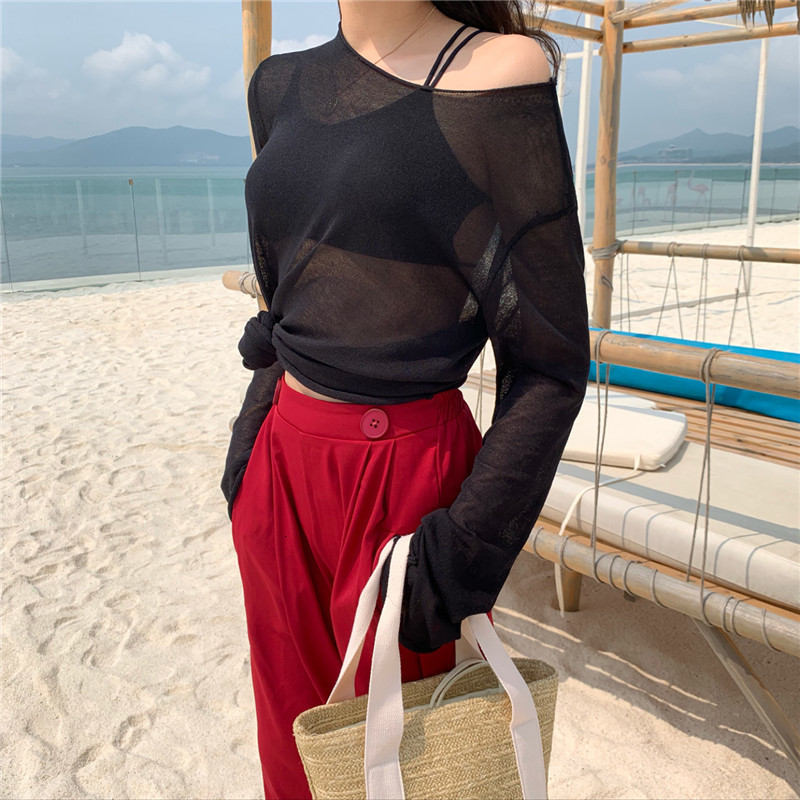 

2021 New Sexy Beach Cover Up Skew Collar Blouse Translucent Spring Summer Beachwear Women Sunscreen Long Sleeve Shirt Black Tops Opuy, White