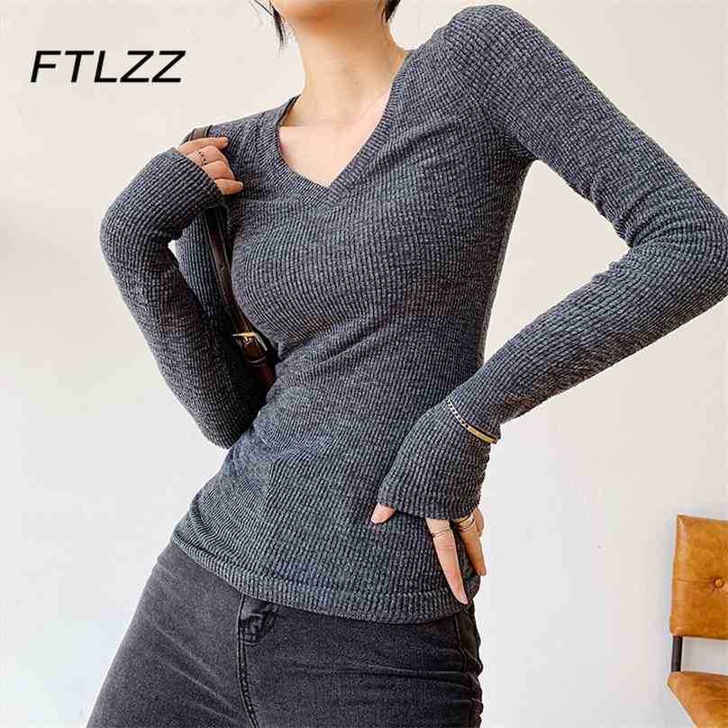 

Woman Sexy T Shirts Spring Autumn Long Sleeve V Neck Korean Tops Fashion Solid Clothing 210525, Black