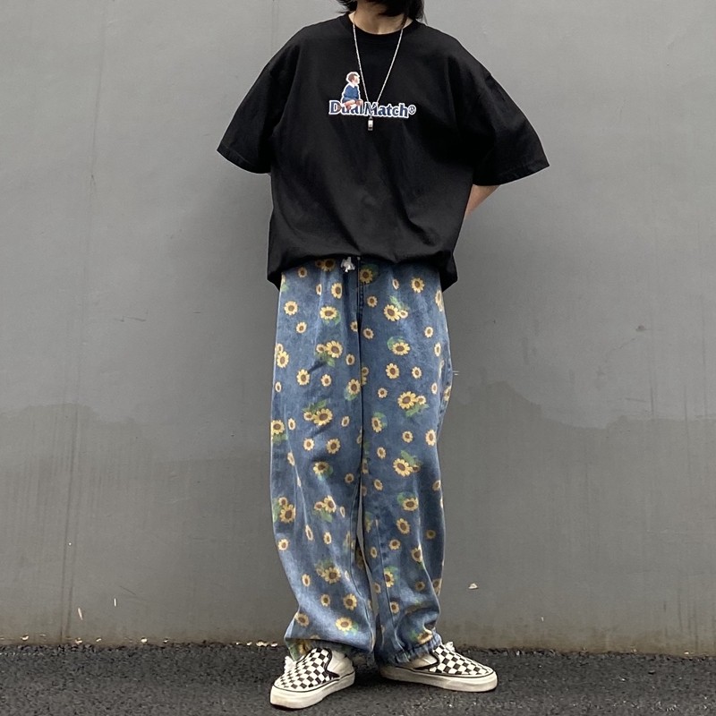 

2021 New Men's Fashion Baggy Homme Cargo Pocket Jeans Flower Printing Haren Blue Color Casual Pants Biker Denim Trousers Dumw, Wash blue