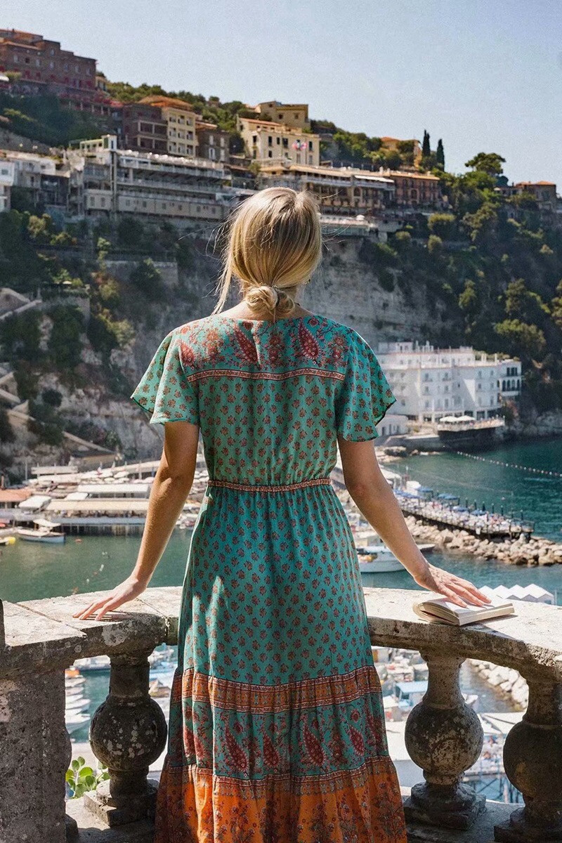 

2021 Bohemian Open buttons V neck Floral print BOHO Dress Summer Holiday Woman Short Sleeve Tie Bow Tassel Hippie Long Dresses, Red