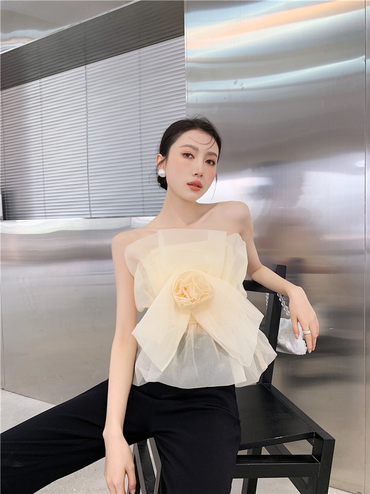

2021 new design women' summer gauze fabric rose flower sleeveless tube top vest tanks camisole SM, Champagne