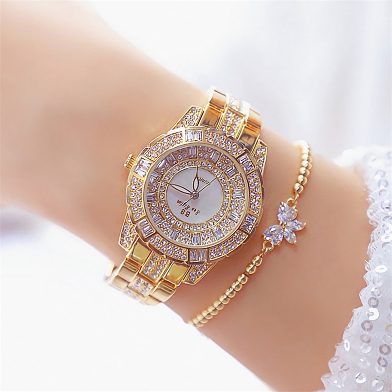 

Watches Woman Famous Brand Fashion Quartz Ladies Diamond Women Crystal Gold Wristwatch Montre Femme 210707, Gold-with-bracelet