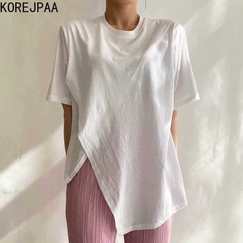 

Korejpaa Women T-Shirt Summer Korean Chic Female Niche All-Match Round Neck Loose Solid Color Irregular Split Pullovers 210526, White