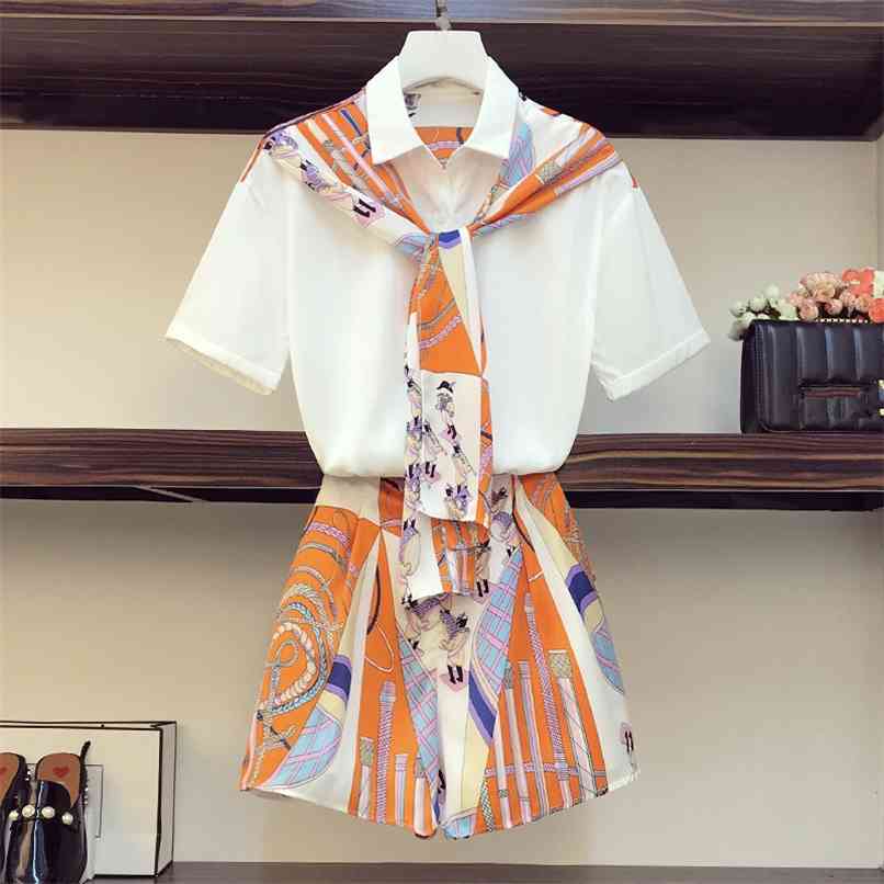 

Fashion Plus Size 2 Piece Set Women Summer Retro Print Short Sleeved Shawl Bow Tie up Shirt + High Waist Wide Leg Shorts 210602, Orange