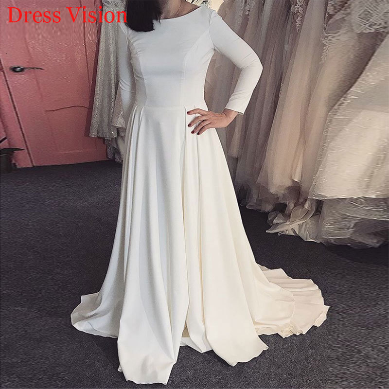 

2021 Simple Elastic Satin Sleeves Robe De Marie to Be Elegant Wedding Long Bride Gown Sweep Train 2y4i, Ivory