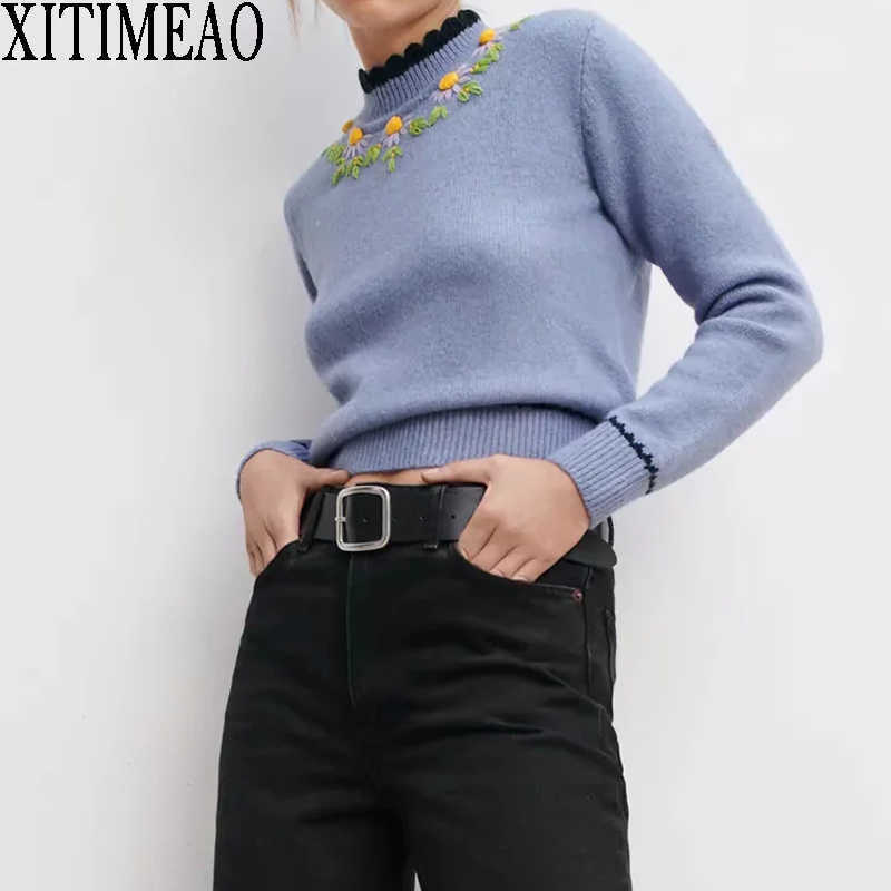 

ZA Women Knitting Sweater Short Casual Femme O-Neck Long Sleeve Pullover High Street Lady Neckline embroidery Tops 210602, Blue