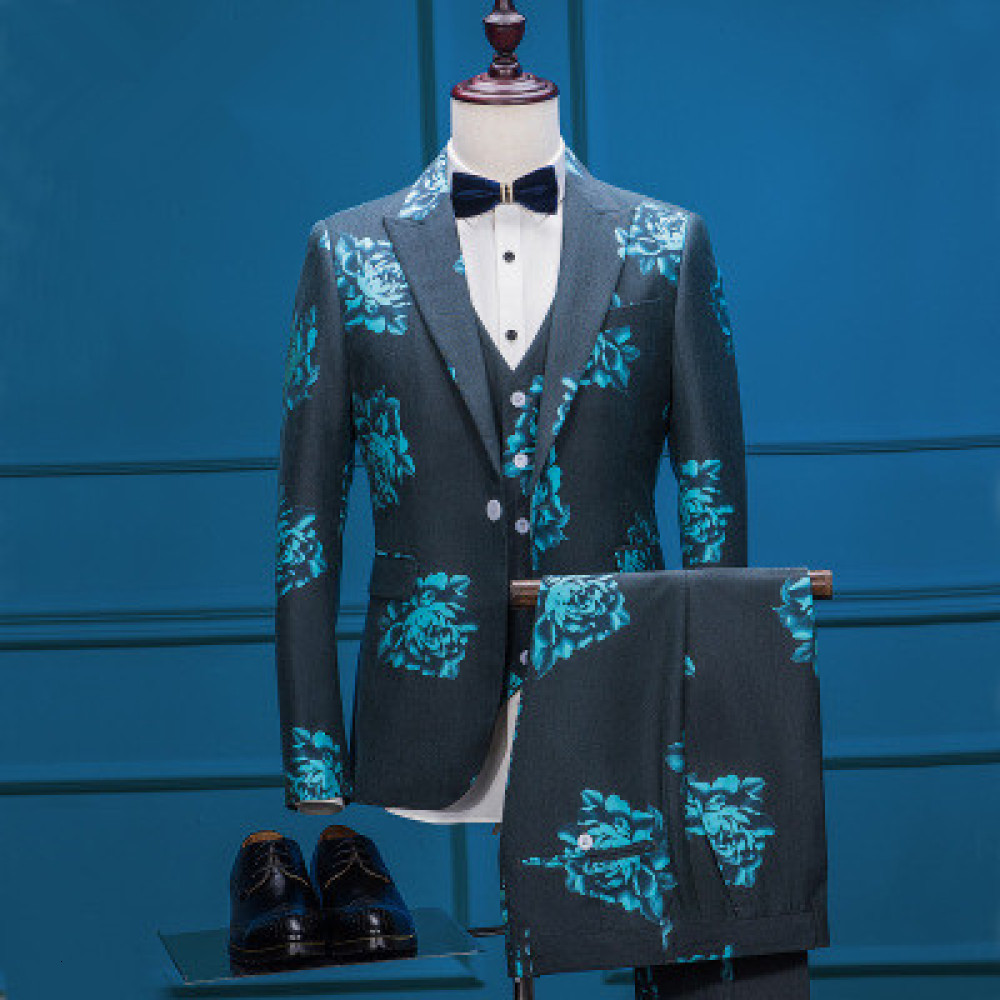 

Large Size Suit Set Floral for Men Piece Suits Single Row One Buckle British Business Formal Terno Masculino Iabe, Gray