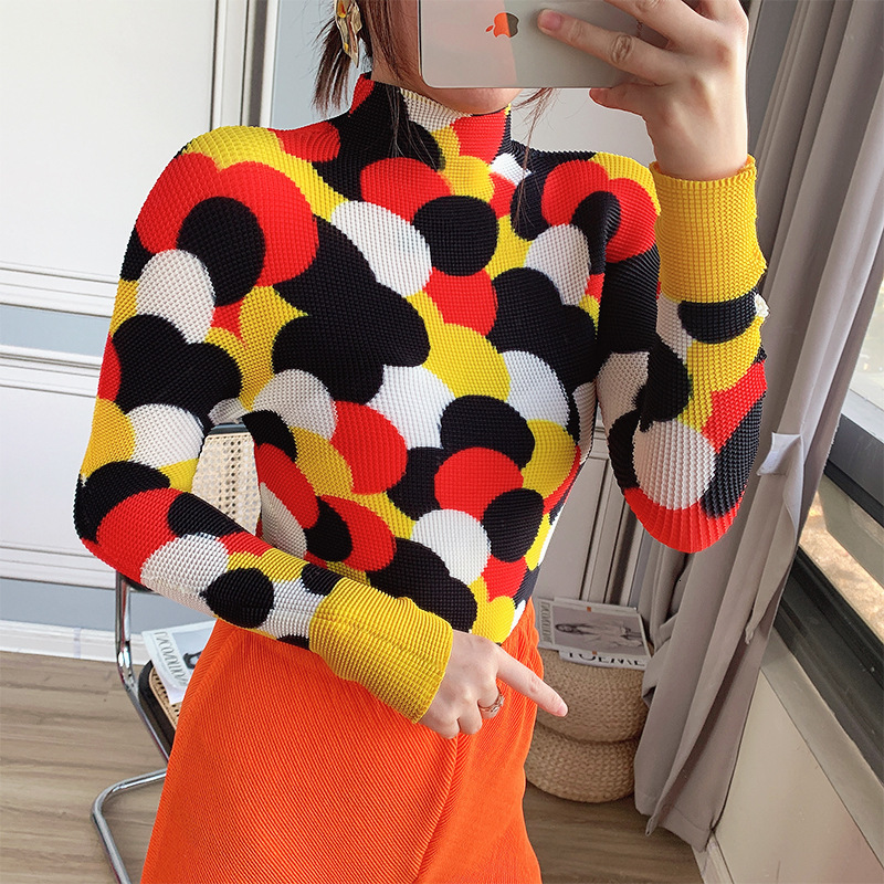 

2021 New Tencel Pleated Long Sleeve Crop Top Women Fall Winter Polka Dot Turtleneck Korean Designer Shirt Indie Aesthetic Clothes T97z, Yellow