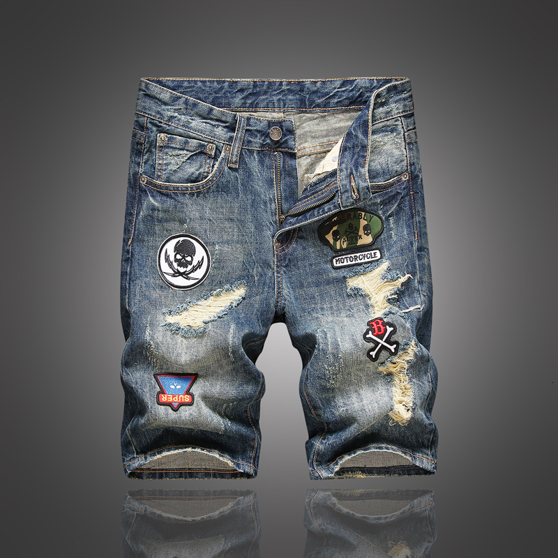 

2021 New Newly Fashion Retro Blue Patches Designer Ripped Denim Shorts Hombre Summer Hip Hop Short Jeans Men G0yw