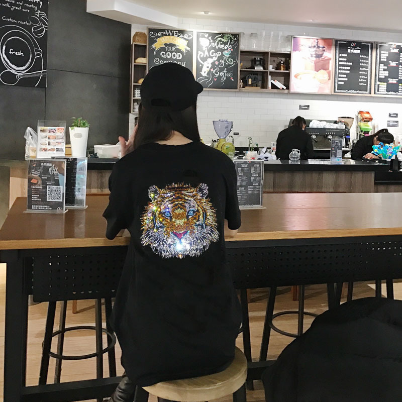 

2021 New Summer Casual Women T-shirts Loose Design Streetwear Diamond Stone Tshirt Korean Style Tops Short Sleeve t Shirt 6w7y, Black