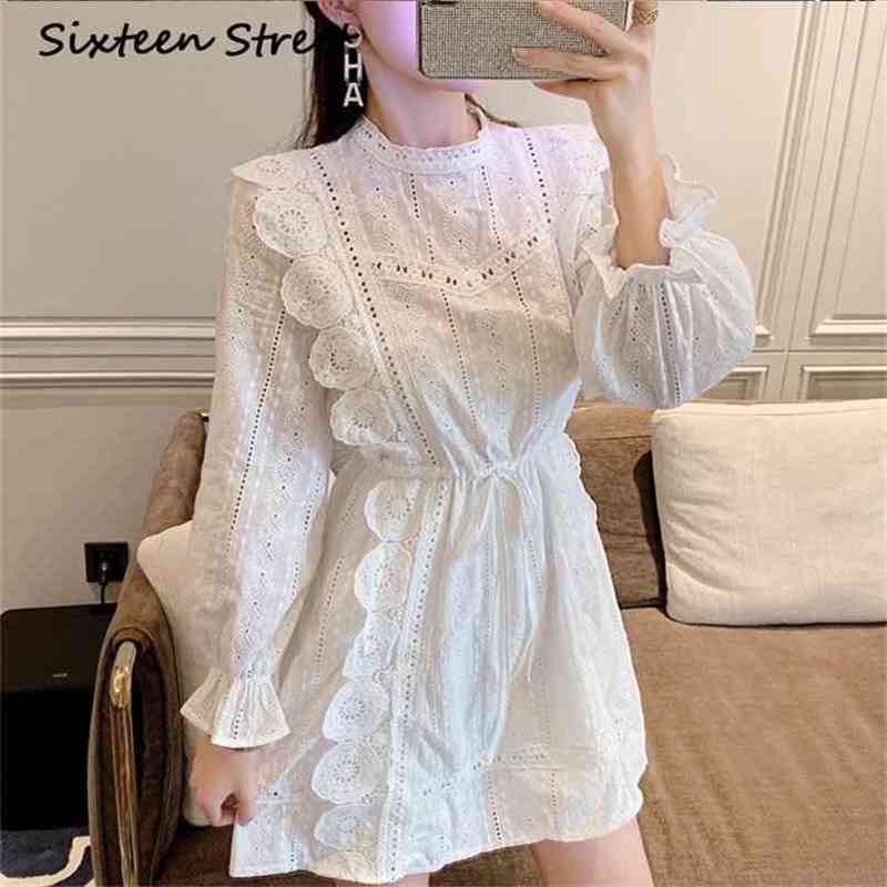 

White Solid Dress Woman O-neck Flare Sleeve vestidos ladies hollow out elegant party dress female spring and autumn clothing 210603