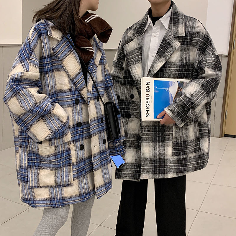 

2021 New Winter Thick Plaid Men's Fashion Retro Casual Oversized Men Loose Korean Long Woolen Coat Mens Overcoat 0g9g, Blue