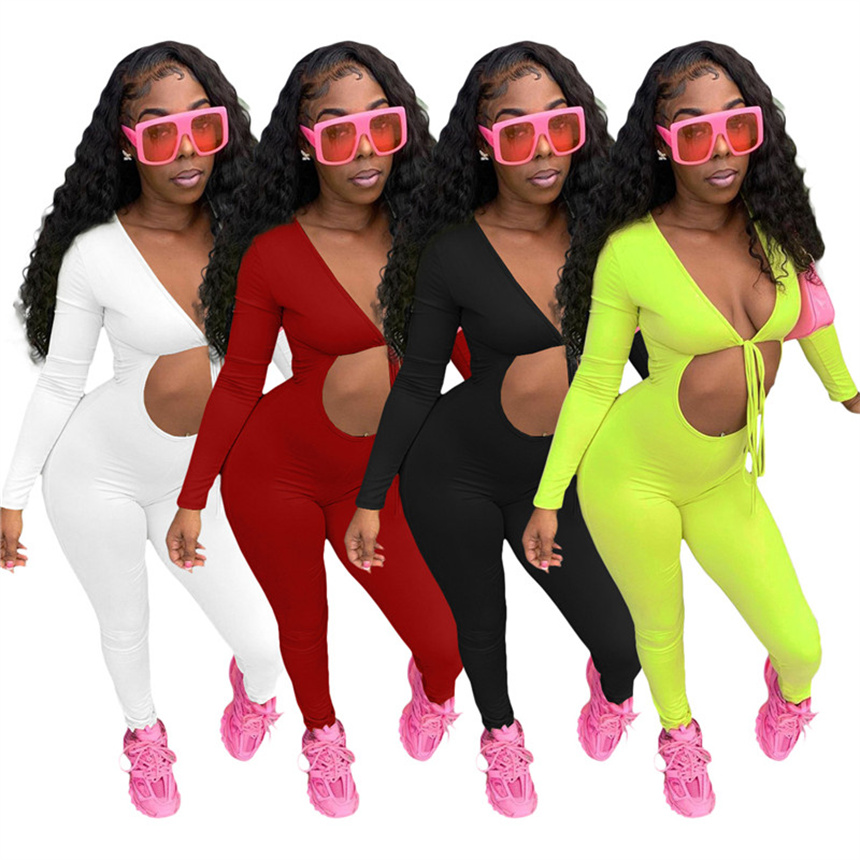 

Women Sexy Rompers Hollow out Jumpsuits skinny onesie Spring fall clothing Slim Bodysuit Bodycon one piece pants -2XL 5603, Mix color