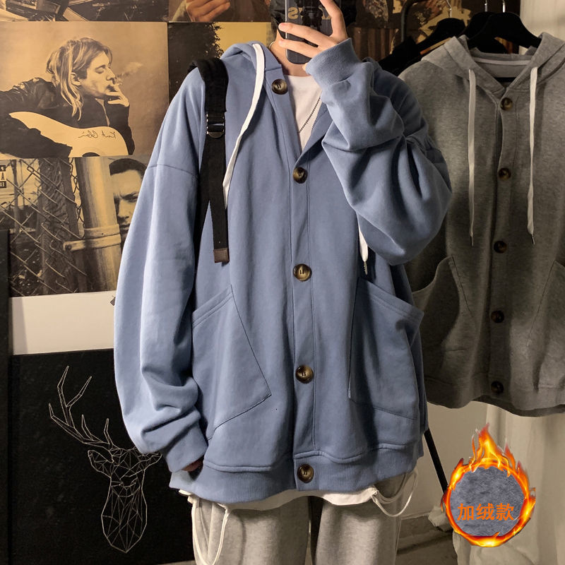 

2021 New Male Single Breasted Cardigan Casual Solid Hoodies Plus Veet Thickening Keep Warm Jackets 3 Color Outerwear Rk7f, Blue.