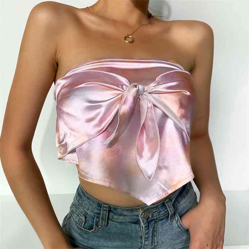 

QuanRun Sexy Fashion Women Solid Sleeveless Strapless Bra Bowknot Crop Top Casual Slim Streetwear Spring Summer 210604, Pink