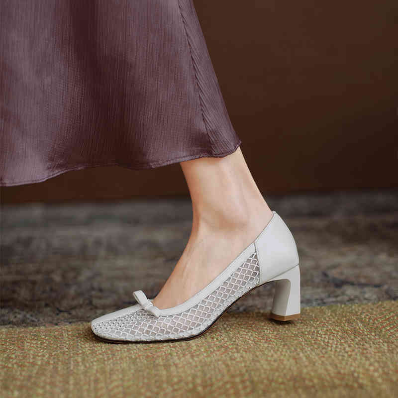 

Sandals genuine leather women's shoes butterfly-knot net slip-in-the-pump finger-down-the-toe toe toe-square heels artisanal EP16, 1# shoe box
