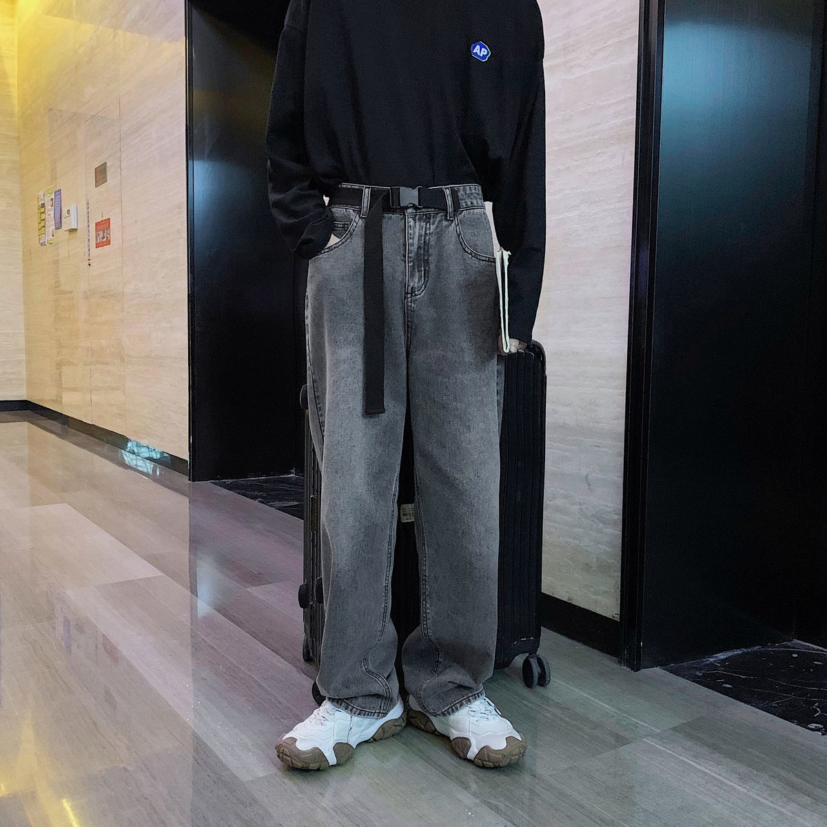 

2021 New Men's Send Belt Loose Baggy Homme Straight Classic Cargo Pocket Jeans Blue Casual Pants Biker Denim Trousers S-2xl Oqwv, Dark gray