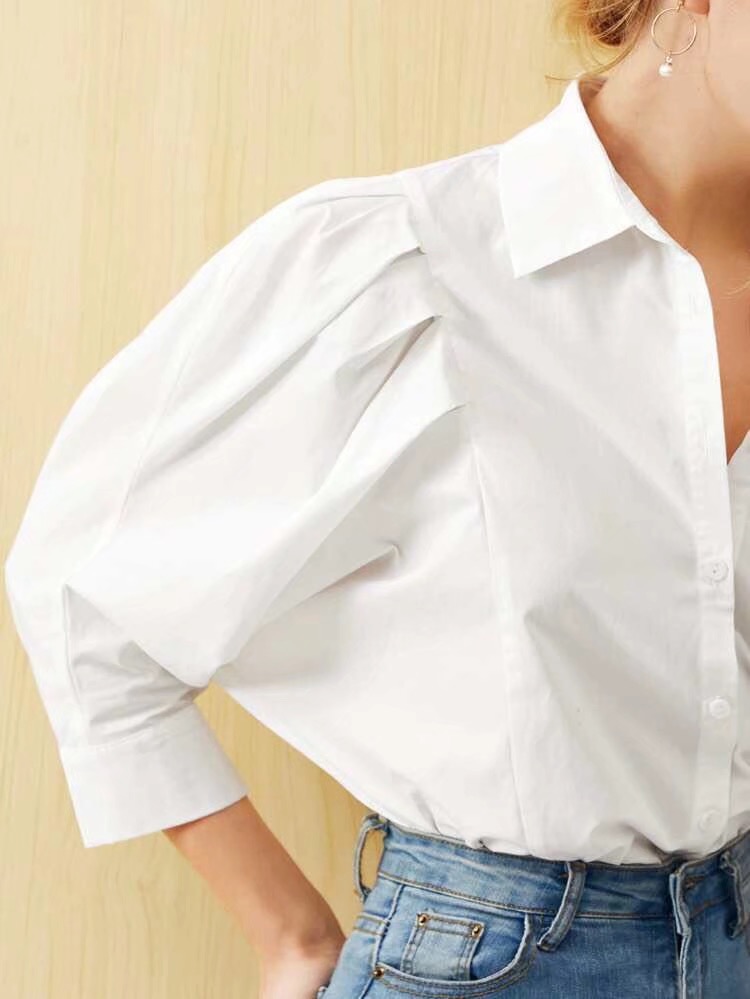 

French Lantern Sleeve White Shirt Cotton Retro 2021 Woman Lapel Single-breasted Long sleeve Blouse Causal Loose Tops Blousas