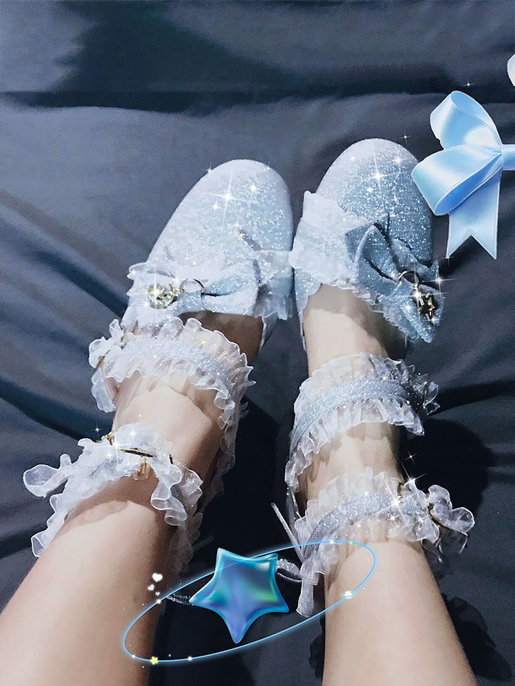 

Lolita Tea Party Bowknot Anime Japanese Cosplay Star Sweet Sailing Shoes Round Head Middleweight Heels in Kawaii Lace C5on