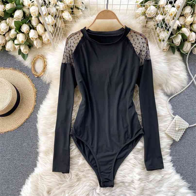 

Sexy Perspective Mesh Dot Print Patchwork Long Sleeve Bodysuit Women Black Summer Slim Body Streetwear Outfits 210603