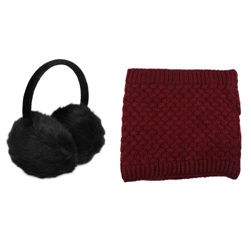

Ear Muffs 1Pcs Lady Woman Headband Black Faux Fur Winter Cover Earmuffs With Warm Knitted Scarves Collar Neck Warmers Wrap, Jujube red