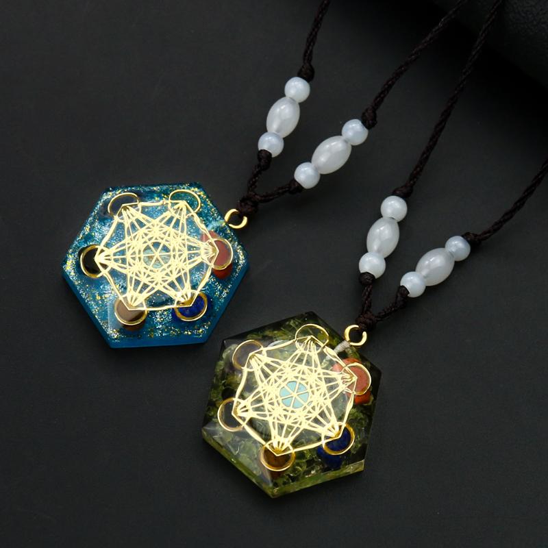 Pendant Necklaces 7 Chakra Natural Crystal Hexagon Metatron Cube Necklace Gem Blue Glitter Olivine Reiki Healing Meditation Quartz Jewelry-image-708484777