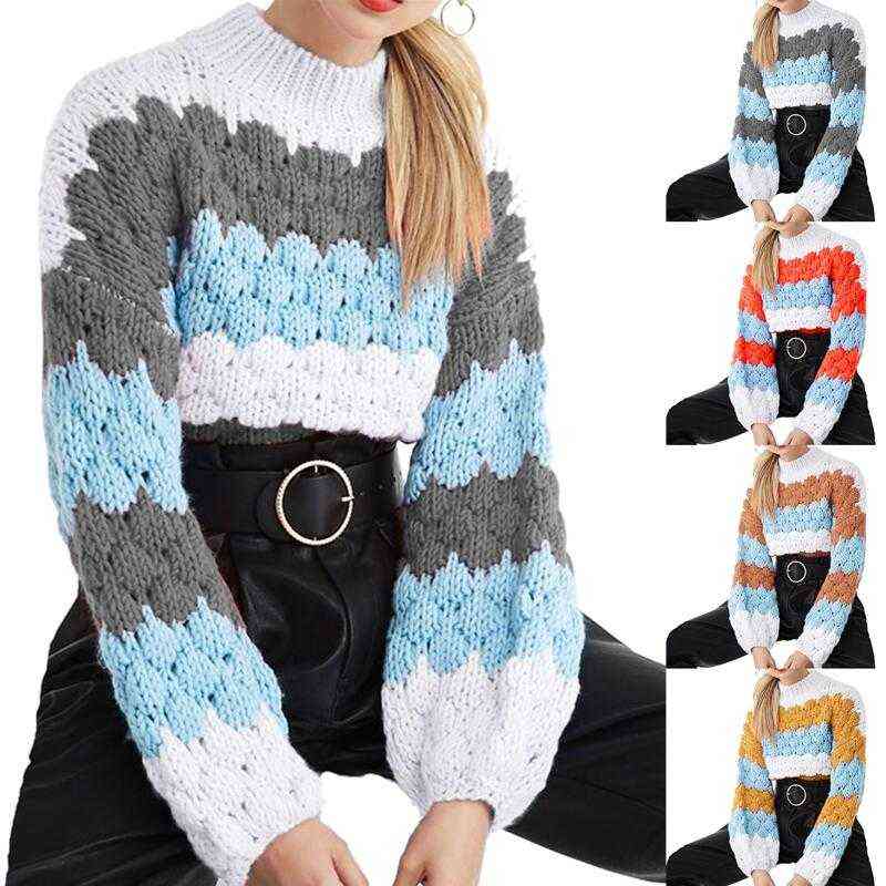

Autumn and Winter Wave stripe Knitted Feather Hollow O-neck Long-sleeved Sweater Women Spell colou Casual Knitted Sweater Y1110, Gray