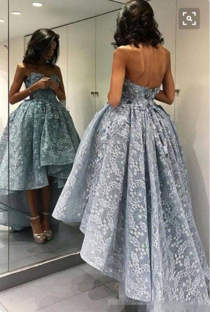 

light nevy blue lace Delicate Applique High-Low Puffy Prom Dress sweetheart Short Front Long Back Ball Gown Evening Dresses Formal Party Gowns, Daffodil