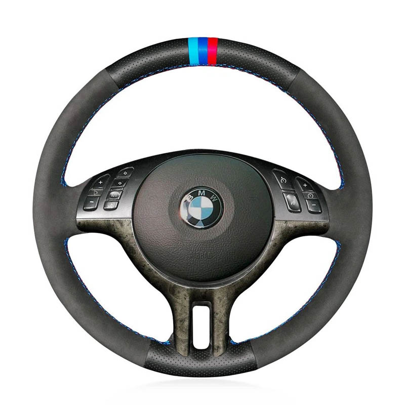 

DIY Side Perforated Leather Steering Wheel M-color Stitching Cover For BMW E39 E46 2000-2005/X5 E53 2000-2001