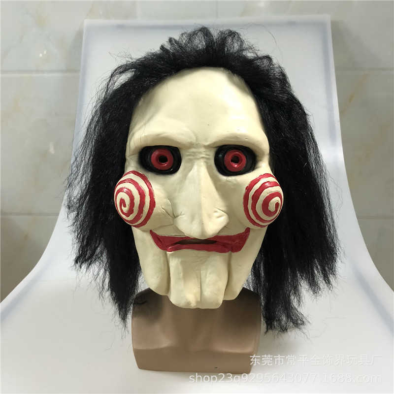 

Movie Saw Chainsaw Massacre Jigsaw Puppet Masks with Wig Hair Latex Creepy Halloween Horror Scary mask Unisex Party Cosplay Prop Q0806