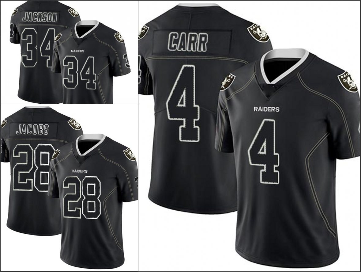 

Las VegasRaidersMen #4 Derek Carr 28 Josh Jacobs 34 Bo Jackson Women Youth Lights Out Black Rush Limited Jersey, Black;red