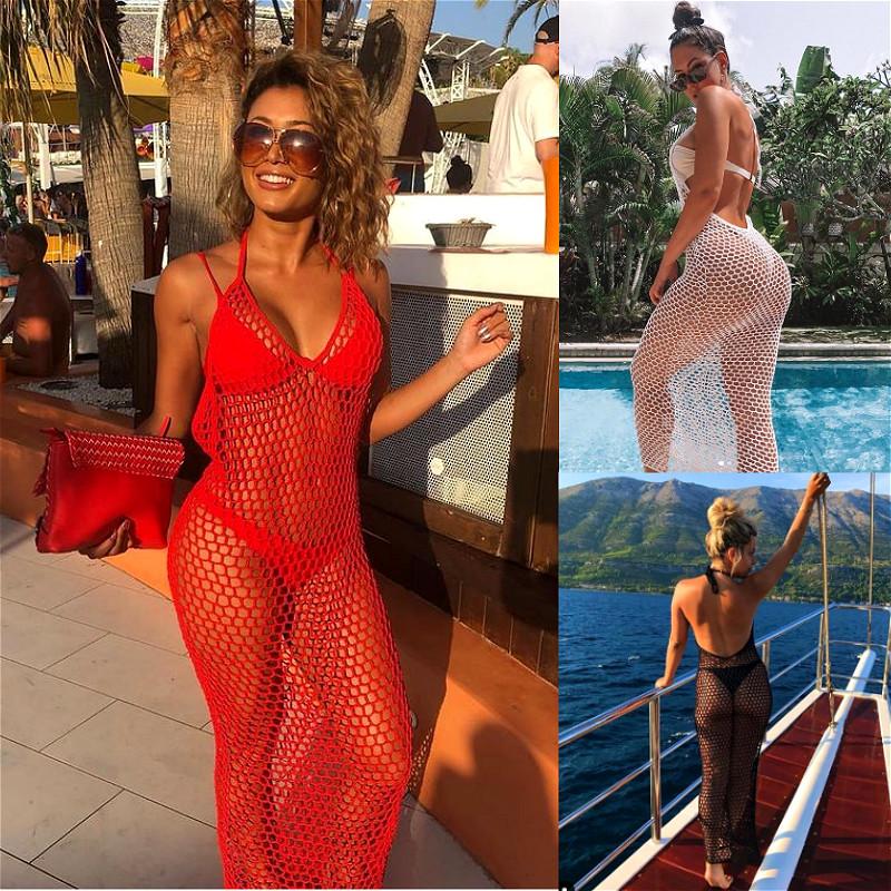 

Women's Swimwear 2021 Bikini Cover-Ups Women Mesh See Through Sleeveless Halter Sexy Beach Dress Summer Solid Fishnet Cover Ups, White;black