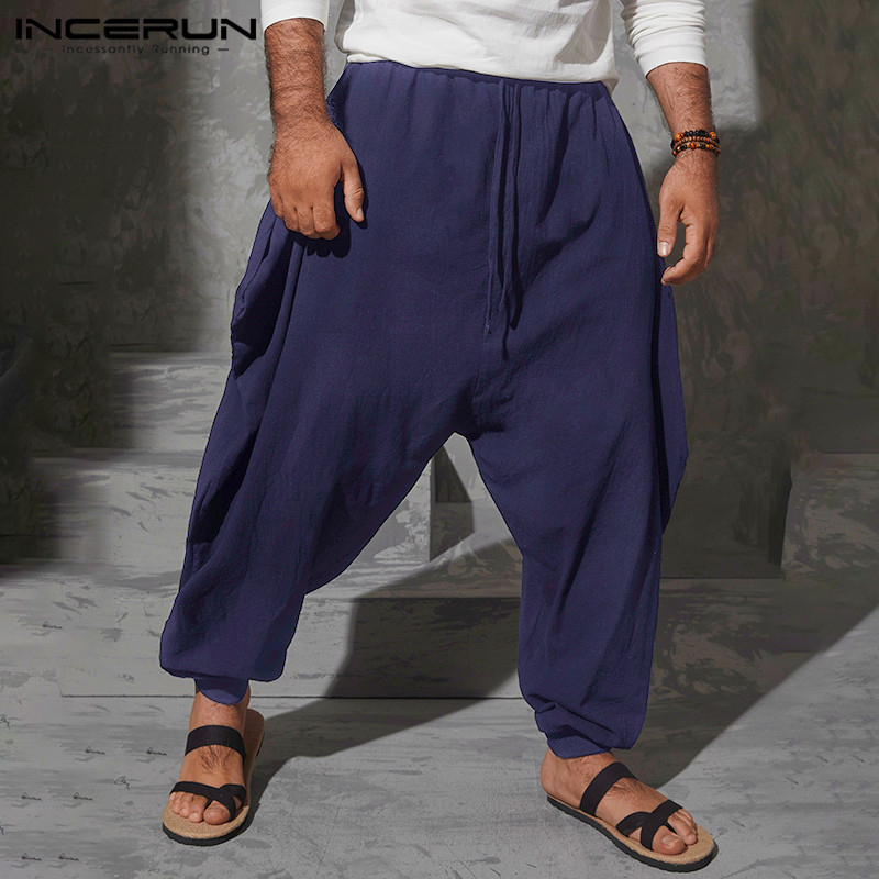 

Men Harem Pants Cotton Punk Style Drop Crotch Pants Joggers Streetwear Baggy Leisure Trousers Pantalones Hombre INCERUN, Black