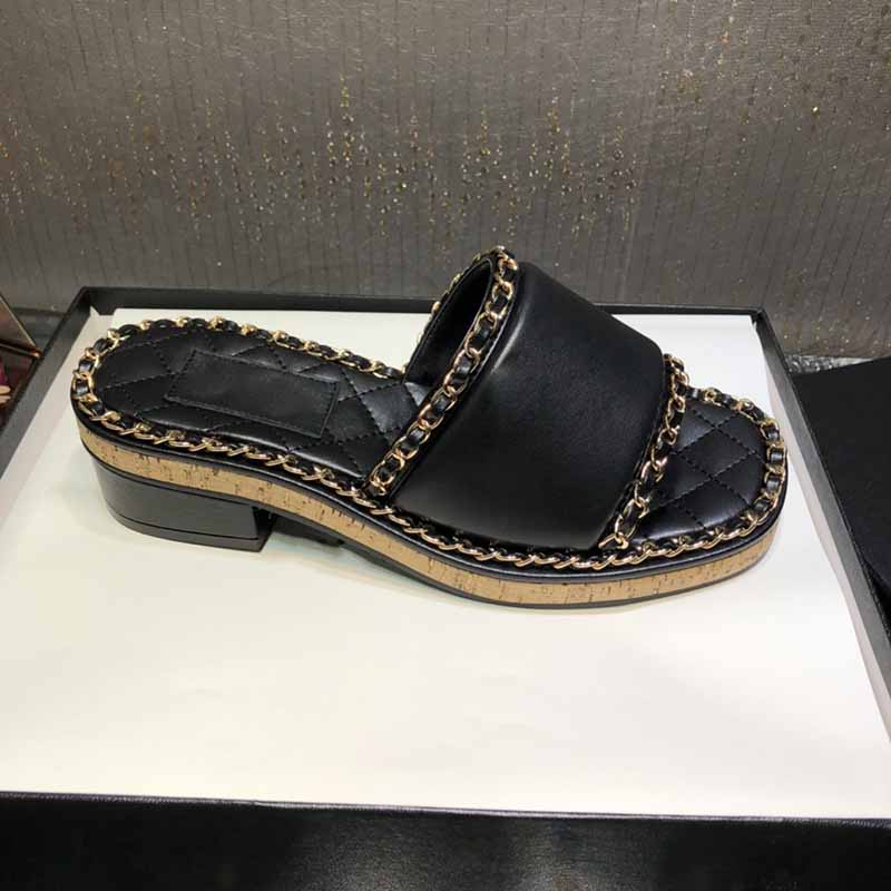 

Platform Slippers Design Classic Chain Chunky Heels Flip Flops Fashion Sandals Luxury Summer Classic Top Quality Flat Shoes Plus Size Slides, Black