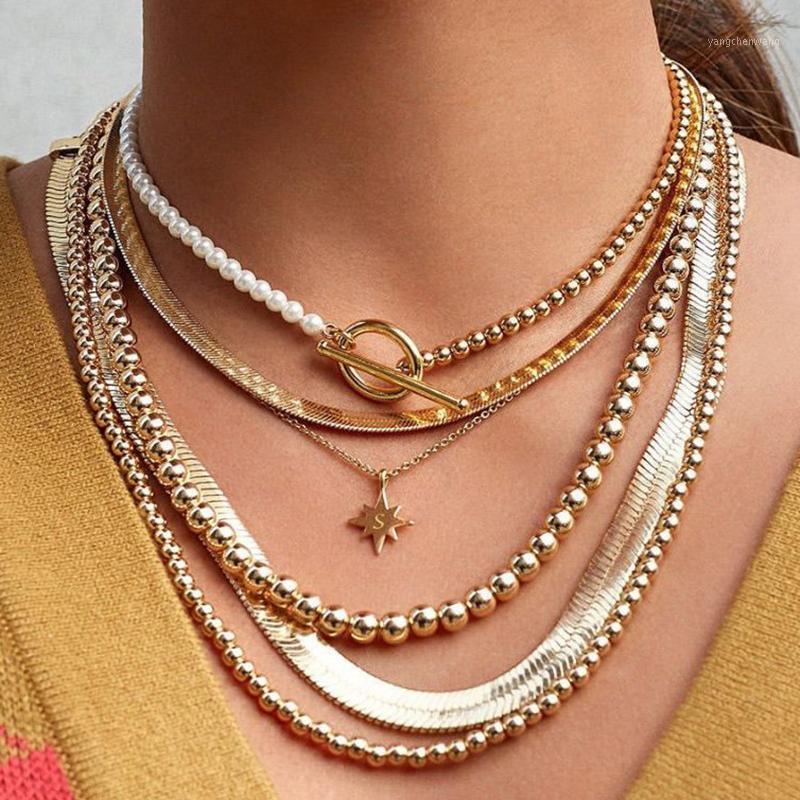 

Punk Imitation Pearl Choker Necklace For Women Fashion Gold Color Geometry Round Lasso Pendant Long Jewelry 2021 Chains