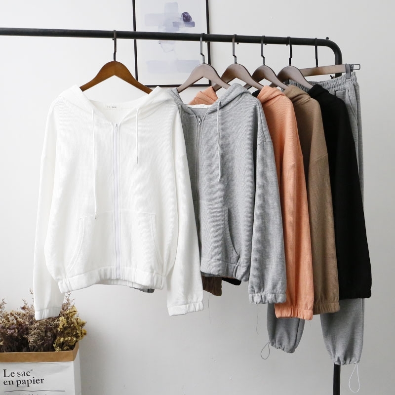 

[bizheng] 2021 autumn new coat Korean women's hooded zipper waffle sweater 5471, White