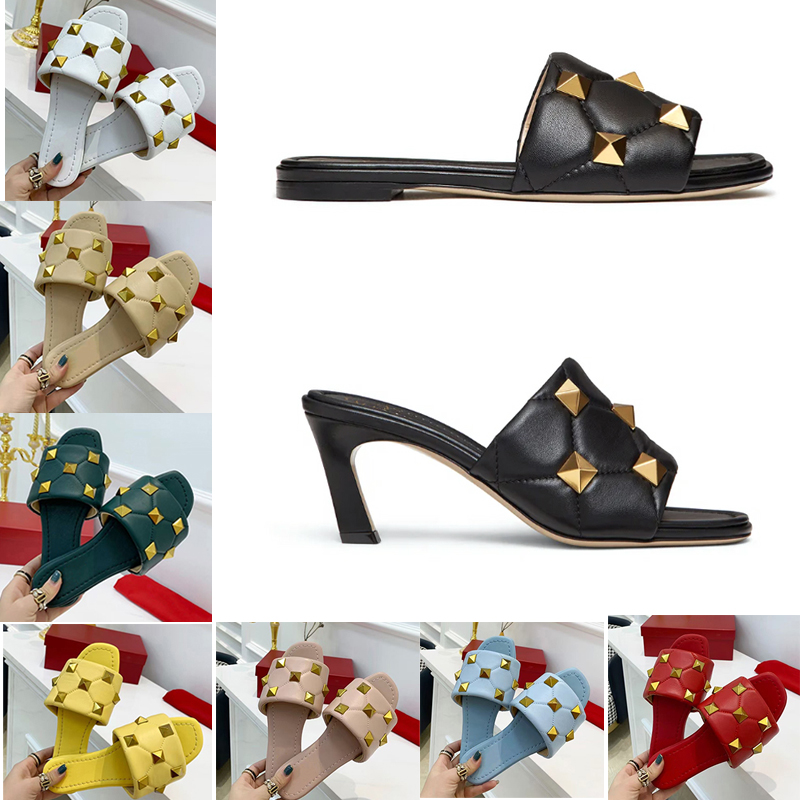 

women Roman Stud slide sandal quilted rivet slides 65mm and flat slippers sheepskin Sexy Ladies Wedding high heels shoes 9 colors with box, Color 9